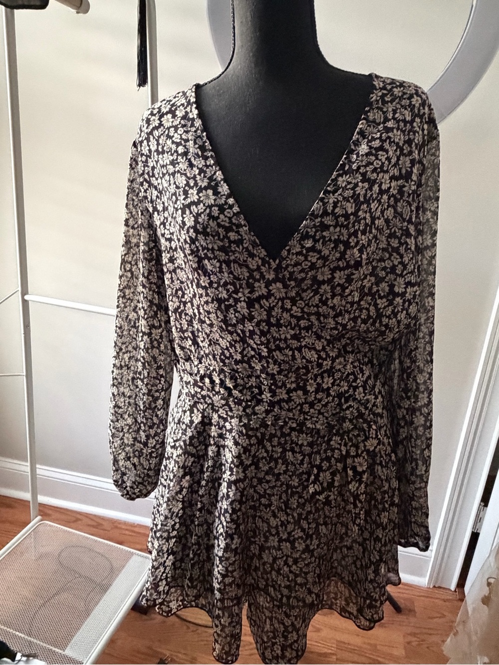 Floral Black & Cream V-Neck Long Sleeve Romper